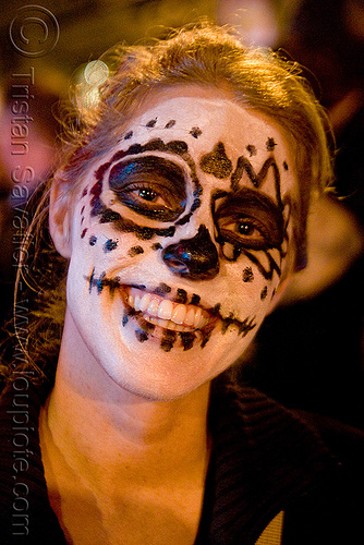 skull face paint - dia de los muertos - halloween (san francisco), day of the dead, dia de los muertos, face painting, facepaint, halloween, night, sugar skull makeup, woman