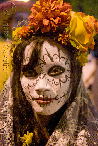 skull makeup - dia de los muertos - halloween (san francisco), day of the dead, dia de los muertos, face painting, facepaint, flowers, halloween, headdress, night, sugar skull makeup, woman