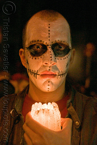 skull makeup - dia de los muertos - halloween (san francisco), candle, day of the dead, dia de los muertos, face painting, facepaint, halloween, man, night, sugar skull makeup