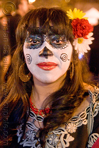 skull makeup - dia de los muertos - halloween (san francisco), day of the dead, dia de los muertos, face painting, facepaint, flowers, halloween, night, sugar skull makeup, woman