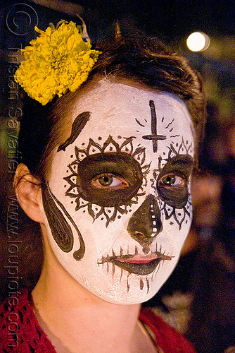 skull makeup - dia de los muertos - halloween (san francisco), day of the dead, dia de los muertos, face painting, facepaint, flower, halloween, night, sugar skull makeup, woman