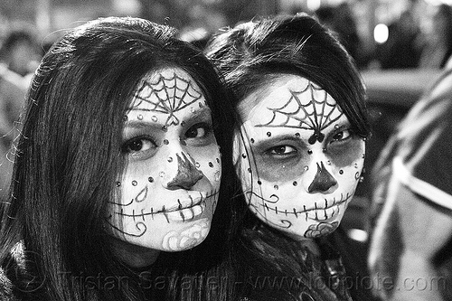 skull makeup - dia de los muertos - halloween (san francisco), bindis, day of the dead, dia de los muertos, face painting, facepaint, halloween, night, sugar skull makeup, women