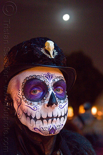 skull makeup - dia de los muertos - halloween (san francisco), bird skull, day of the dead, dia de los muertos, face painting, facepaint, halloween, hat, man, moon, night, sugar skull makeup