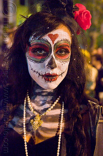 skull makeup - dia de los muertos - halloween (san francisco), day of the dead, dia de los muertos, face painting, facepaint, halloween, hat, headdress, night, sugar skull makeup, woman