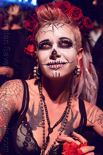 skull makeup - dia de los muertos - halloween (san francisco), bird tattoo, birds tattoo, day of the dead, dia de los muertos, face painting, facepaint, halloween, night, sugar skull makeup, tattooed, tattoos, woman