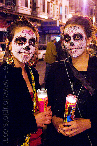 skull makeup - dia de los muertos - halloween (san francisco), candles, day of the dead, dia de los muertos, face painting, facepaint, halloween, night, sugar skull makeup, women