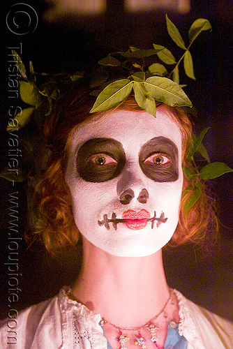 skull makeup - leaves in hair - dia de los muertos - halloween (san francisco), day of the dead, dia de los muertos, face painting, facepaint, halloween, makeup, night, woman