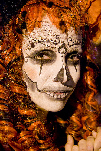 skull makeup - redhead - dia de los muertos - halloween (san francisco), day of the dead, dia de los muertos, face painting, facepaint, halloween, night, sugar skull makeup, woman