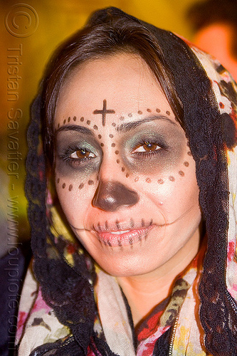 skull makeup with cross - black lace headdress, black lace headdress, cross, day of the dead, dia de los muertos, dots, face painting, facepaint, halloween, night, sugar skull makeup, woman
