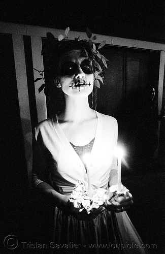 skull makeup - woman with leaves headdress - dia de los muertos - halloween (san francisco), candle, candlelight vigil, day of the dead, dia de los muertos, halloween, hat, low key, makeup, night, tmax, woman
