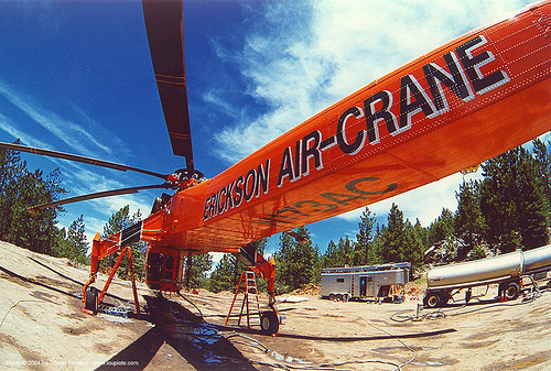 skycrane - sikorsky s-64 heavy lift helicopter on the ground, aircraft, erickson air-crane, fisheye, heavy lift helicopter, heli logging, helo, industrial helicopter, s-64 skycrane, sikorsky s-64