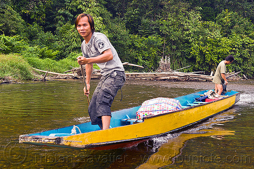 small boat on river, boat, boatman, boatmen, borneo, gunung mulu national park, malaysia, melinau river, men, sungai melinau