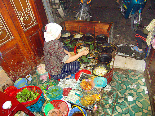 small but excellent restaurant - vietnam, asian woman, cook, cooking, eatery, food, hanoi, pans, restaurant
