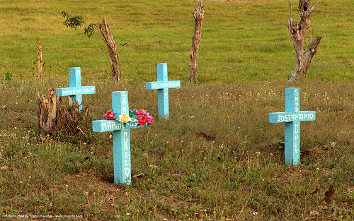 small cemetery in the countryside - graves - crosses, blue crosses, cemetery, costa rica, graves, graveyard