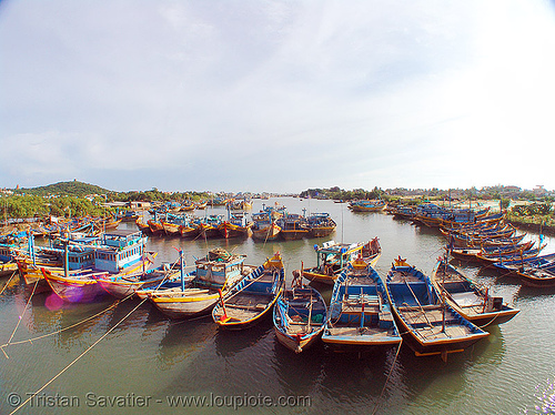 small fishing boats moored - phan thiet - vietnam, colorful, estuary, fisheye, phan thiet, river, small boats, small fishing boats