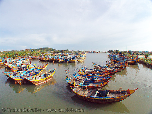 small fishing boats mooring - phan thiet - vietnam, colorful, estuary, fisheye, moored, mooring, phan thiet, river, small boats, small fishing boats