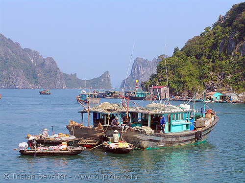 small fishing boats on halong bay - vietnam, fishing boats, halong bay, islands, sea