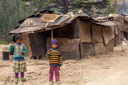 small kids living in makeshift shanty houses (india), bhagirathi valley, boy, camp, children, houses, kids, little girl, shanty house