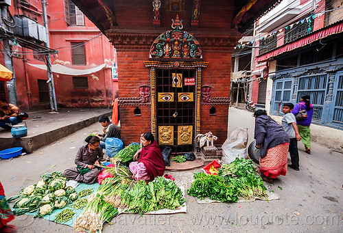 small street farmers market in kathmandu (nepal), farmers market, hindu temple, hinduism, kathmandu, street seller, three eyes, vendor, women