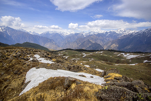 snow patches on pastures and himalaya mountains near joshimath (india), landscape, mountains, pastures, rocks, snow patches