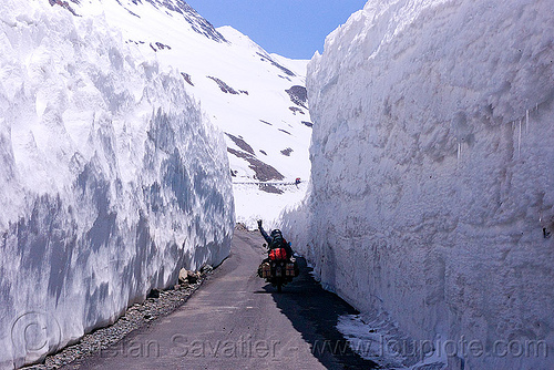 snow walls near baralacha pass - manali to leh road (india), baralacha pass, baralachala, ben, ladakh, motorcycle touring, mountain pass, mountains, rider, riding, road, royal enfield bullet, snow walls