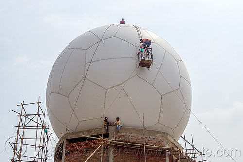 soccer ball radome - doppler radar (india), ball, building, cherrapunjee, cherrapunji, construction, dome, east khasi hills, hanging, meghalaya, men, radar, radome, ropes, scaffolding, sohra, sphere, truncated icosahedron, workers, working