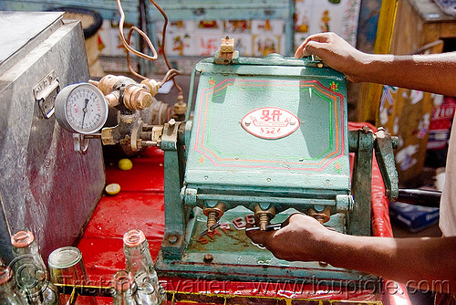 soda machine - pushkar (india), crank, pressure gauge, soda bottles, soda machine, street market, street seller, street vendor