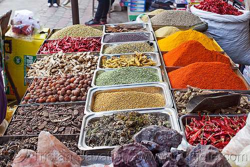 spice shop in paharganj (delhi), chili pepper, chili powder, colorful, curry powder, delhi, nehru bazar, nuts, paharganj, rock salt, spice market, spice shop, spices, turmeric powder