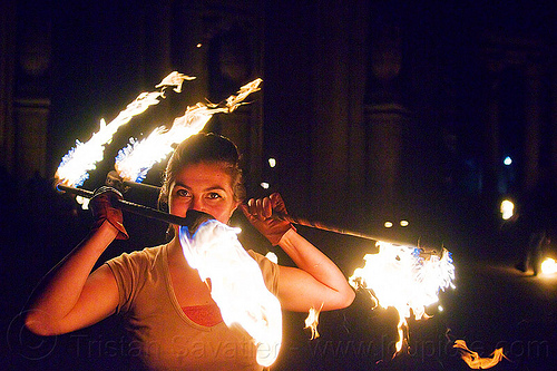 spinning double fire staff, double staff, fire dancer, fire dancing, fire performer, fire spinning, fire staffs, fire staves, night, savanna, spinning fire, woman