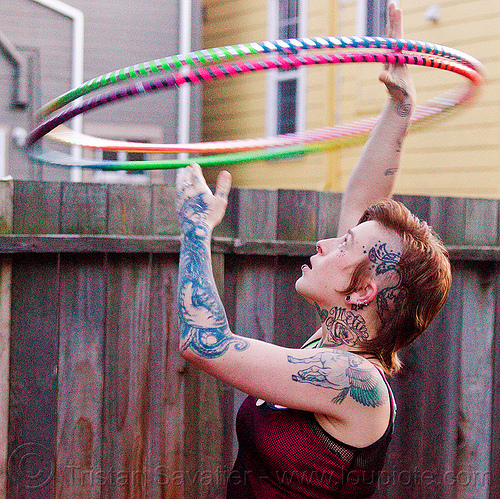 spinning double hoop, hula foops, hula hoop, leah, tattooed, tattoos, woman