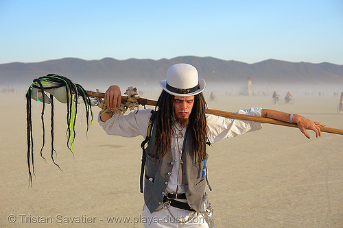 spooky guy - burning man 2006, bowler hat, horse stick, man, white hat