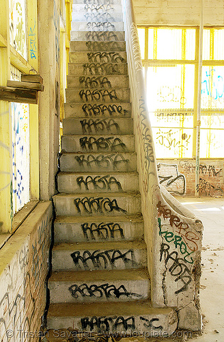 stair - tags - rasta - abandoned factory (san francisco), concrete, derelict, graffiti, rasta, stairs, stairway, tie's warehouse, trespassing, vandalism