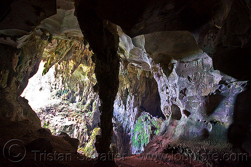 stalactite column in natural cave, backlight, bau, borneo, cave formations, caving, concretions, fairy cave, malaysia, natural cave, speleothems, spelunking, stalactite