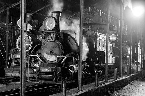 steam locomotives - darjeeling railway (india), 788 tusker, 791, darjeeling himalayan railway, darjeeling toy train, narrow gauge, night, railroad, smoke, smoking, steam engine, steam locomotive, steam train engine, train depot, train yard