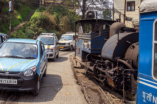 steam train sharing the road with cars - darjeeling (india), 782 mountaineer, cars, darjeeling himalayan railway, darjeeling toy train, narrow gauge, railroad, road, steam engine, steam locomotive, steam train engine, traffic
