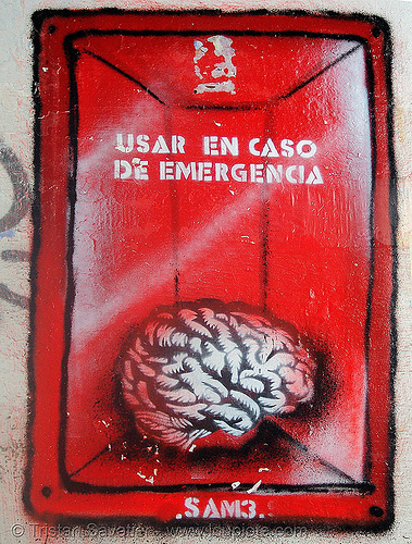 stencil graffiti (granada, spain), brain, graffiti, granada, sam3, stencil, street art, usar en caso de emergencia