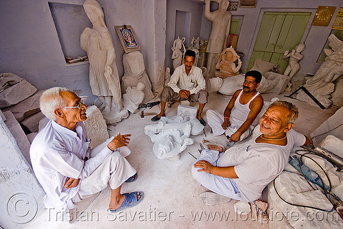 stone carvers sitting in their workshop - jaipur (india), jaipur, stonecarvers, stonemasons