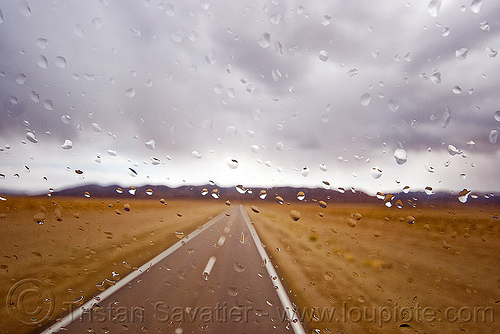 stormy weather on desert road, altiplano, argentina, cloud, cloudy, droplets, noroeste argentino, pampa, rain drops, rainy, storm, stormy, straight road, vanishing point, weather, windshield
