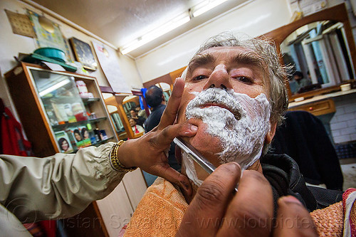 straight razor shave (india), barber, darjeeling, men, neck, selfie, selportrait, shave, shaving, shop, straight razor