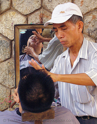 street barber - vietnam, hanoi, men, mirror, shaver, shaving, street barber, working