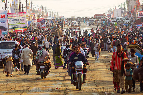 street crowd and traffic - kumbh mela 2013, crowd, hindu pilgrimage, hinduism, kumbh mela, men, motorcycles, traffic