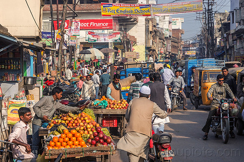 street market and traffic (india), farmers market, fruits, merchants, produce, stalls, street market, street seller, street vendors, traffic, varanasi