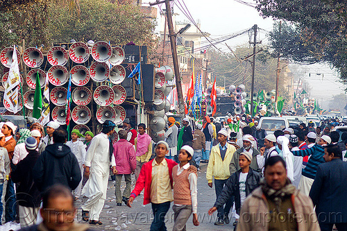 street parade with sound trucks - eid-milad-un-nabi muslim festival (india), bullhorns, crowd, eid e milad un nabi, eid e milād un nabī, islam, loudspeakers, mawlid, men, muhammad's birthday, muslim festival, muslim parade, nabi day, prophet's birthday, sound, speakers, عید میلاد النبی, ईद मिलाद नबी