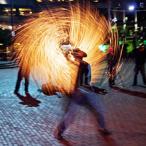 street performer with fire whip (san francisco), cary, cowboy hat, fire dancer, fire dancing, fire performer, fire spinning, fire whip, man, night, spinning fire