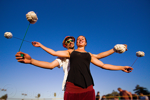 street performers spinning - partner poi routine, ball, blue sky, cary, man, partner poi, ropes, savanna, woman