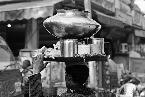 street vendor holding tray on his head - large copper vessel., carrying on the head, copper vessel, delhi, man, metal pot, paharganj, street seller, street vendor, tray