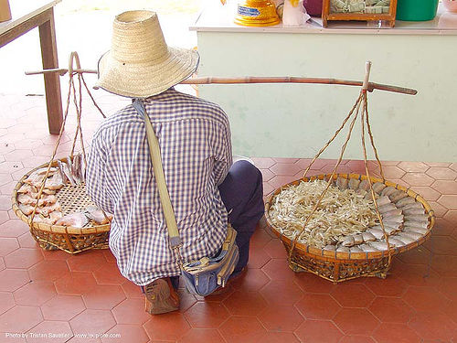 street vendor with twin baskets - thailand, fish market, straw hat, street market, street seller, street vendor, twin baskets