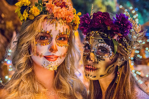 sugar skull makeup - dia de los muertos, andrea, bindis, day of the dead, dia de los muertos, face painting, facepaint, flower headdress, flowers, halloween, jewelry, mariana, night, sugar skull makeup, women