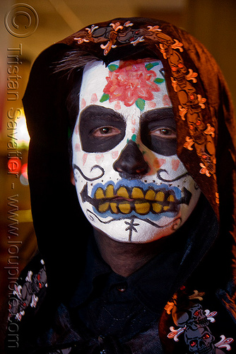 sugar skull makeup - dia de los muertos - halloween (san francisco), day of the dead, dia de los muertos, face painting, facepaint, halloween, hood, man, night, sugar skull makeup
