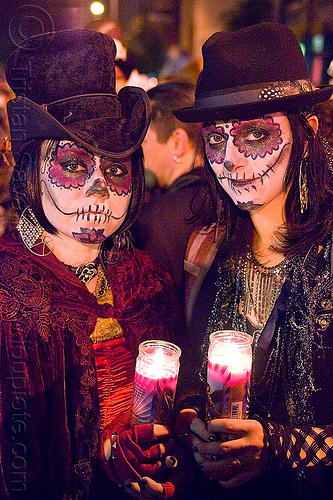sugar skull makeup - dia de los muertos - halloween (san francisco), candles, day of the dead, dia de los muertos, face painting, facepaint, halloween, hats, night, sugar skull makeup, women